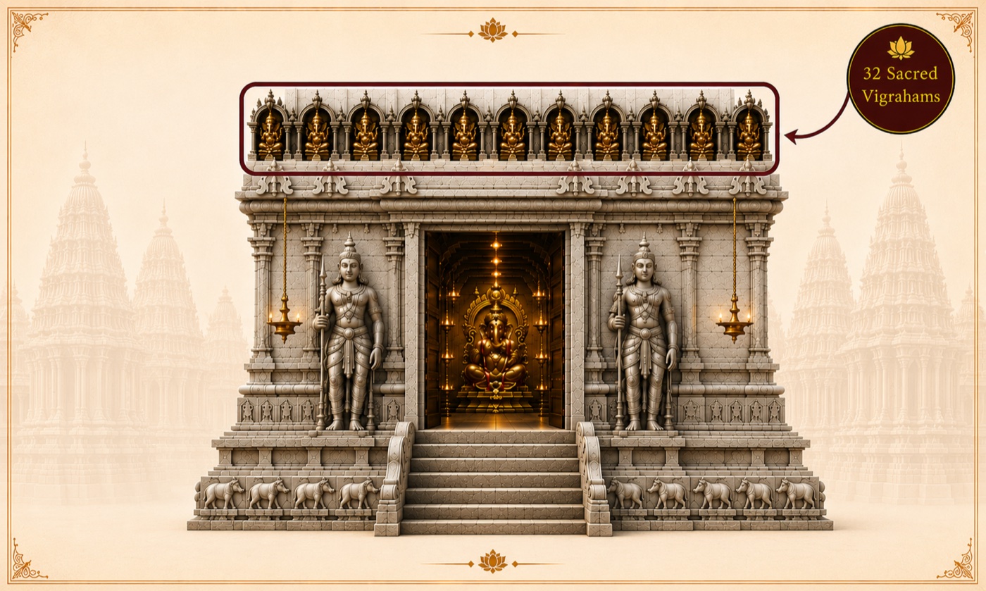 The Garbhagraham crowned by the row of 32 sacred Koshta Vigrahams